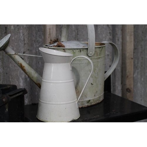 34 - WHITE METAL JUG AND WATERING CAN WITH ROSE