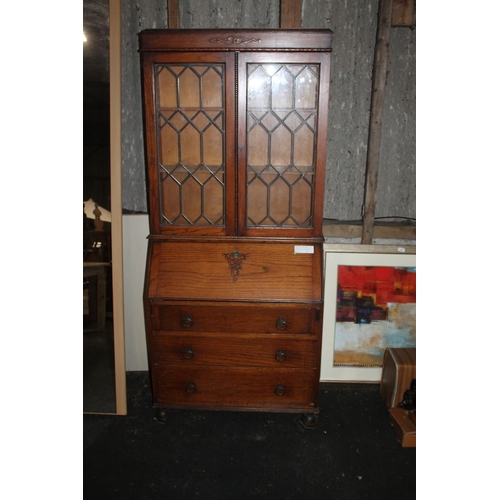 492 - OAK LED GLAZED BUREAU BOOK CASE