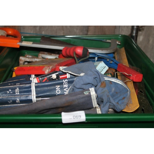 69 - CRATE OF ASSORTED HAND TOOLS INCLUDING LARGE ALLEN KEYS, SAWS ETC