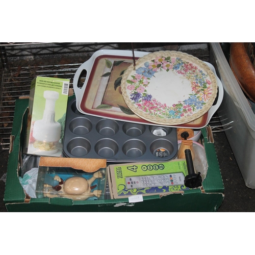119 - BOX OF KITCHEN ITEMS, TRAYS SOAP DISH, TOTAL CONTROL REMOTE