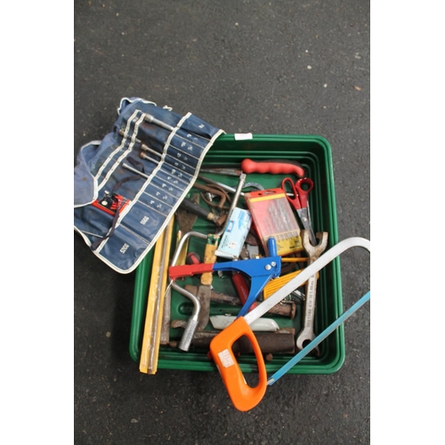 12 - CRATE OF ASSORTED HAND TOOLS INCLUDING LARGE ALLEN KEYS, SAWS ETC
