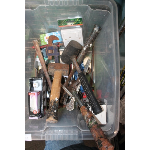 17 - BOX OF MIXED HAND TOOLS. HAMMERS, WRENCHES AND LIGHT BULBS