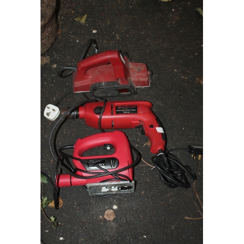 49 - 3 X RED POWER TOOLS INCLUDING A DRILL JIGSAW AND PLANER