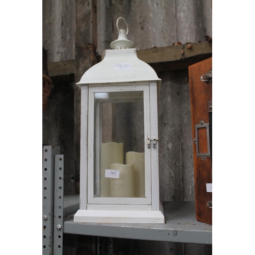65 - A WHITE WOOD EFFECT PLASTIC CANDLE LANTERN