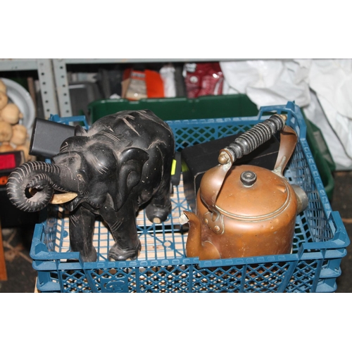 97 - VINTAGE BRASS ELECTRIC KETTLE AND LARGE HEAVY ELEPHANT