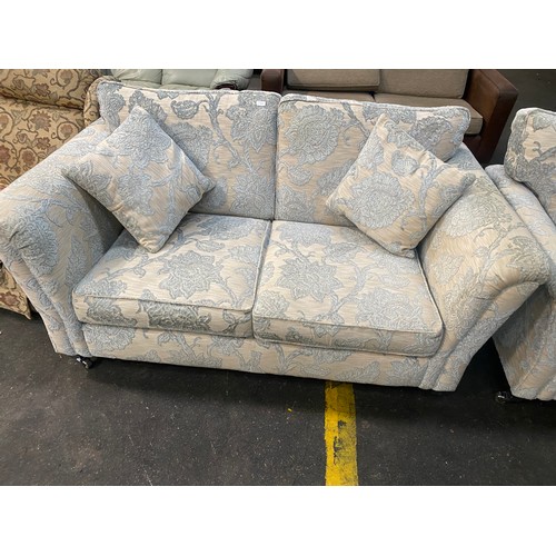 388 - TWO SEATER AND ARMCHAIR DUCK EGG AND CREAM FLORAL SOFA