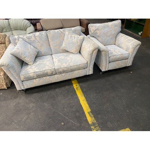 388 - TWO SEATER AND ARMCHAIR DUCK EGG AND CREAM FLORAL SOFA