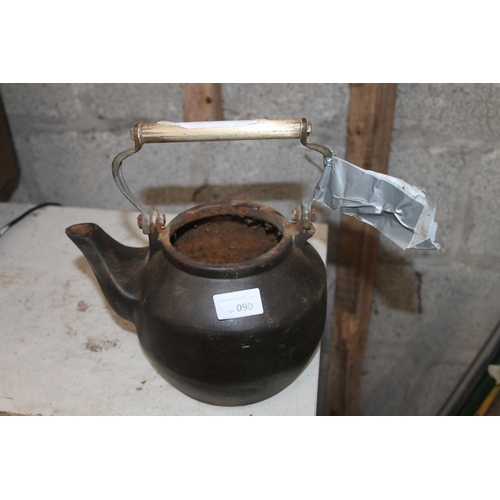 90 - CAST IRON RANGE KETTLE WITH BRASS HANDLE