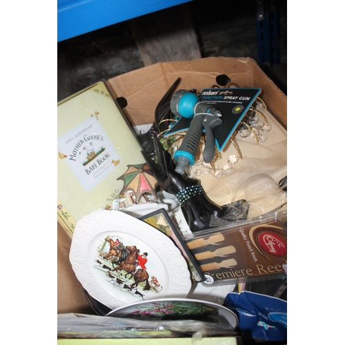 257 - BOX OF ASSORTED ITEMS INC HOSE SPRAY GUN, ASSORTED CHINA, NEW HOT WATER BOTTLE ETC