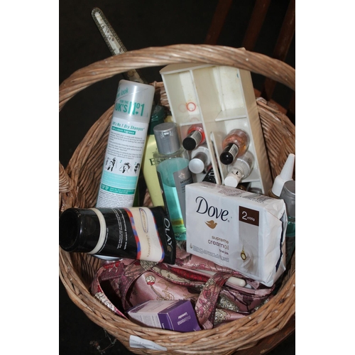 258 - WICKER BASKET CONTAINING SOAPS, NAIL VARNISHES ETC