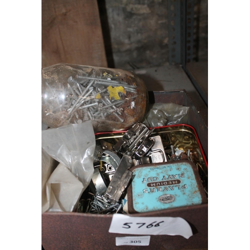 305 - TIN CONTAINING NAILS AND CUPBOARD HINGES