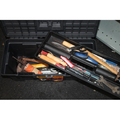 35 - TOOL BOX WITH CONTENTS INCLUDING HAMMERS, CHISELS AND SCREWDRIVERS