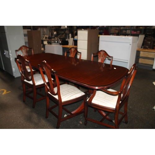 744 - LARGE DINING ROOM TABLE AND SIX CHAIRS INCLUDING TWO CARVERS