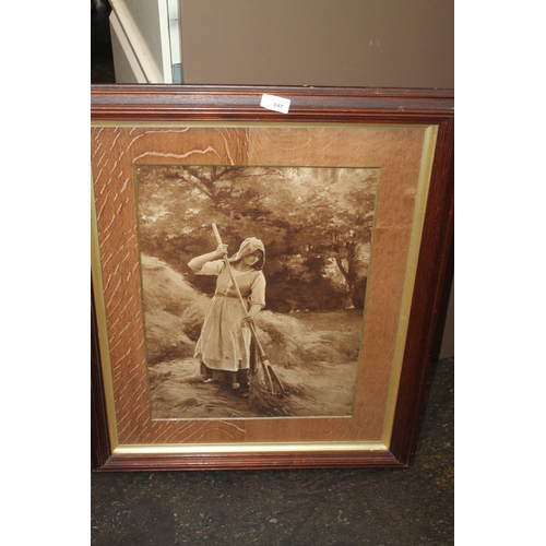 747 - FRAMED AND GLAZED PRINT OF A YOUNG LADY RAKING THE HAY