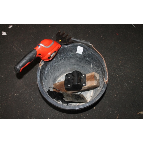 54 - BUCKET OF CONTENTS INCLUDING A BLACK AND DECKER HAND HELD LAWN TRIMMER