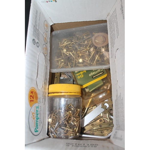 92 - BOX OF ASSORTED DOOR HINGES AND SCREWS