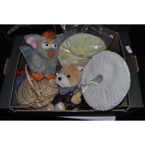 160 - BOX OF ASSORTED WICKER AND CUDDLY TOYS