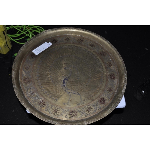 205 - LARGE ROUND BRASS PEACOCK TRAY