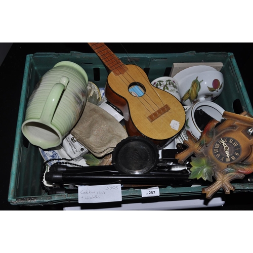 257 - BOX INC CUCKOO CLOCK, CHINAWARE AND UKELELE