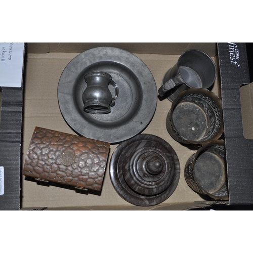 275 - PEWTER MEASURES, SERPENTINE INKWELL AND METALWARE