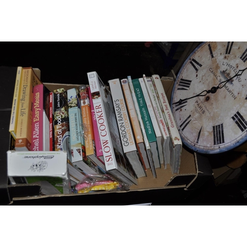 299 - BOX OF COOK BOOKS. WORKING CLOCKS ETC