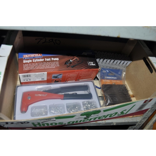 39 - BOX OF NEW ITEMS INC FOOT PUMP, ASSORTED TOOLS AND RAW PLUGS