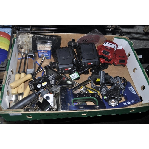 53 - LARGE BOX OF NEW TOOLS, HEAD TORCHES, POWER TOOL BATTERIES AND CHARGERS ETC