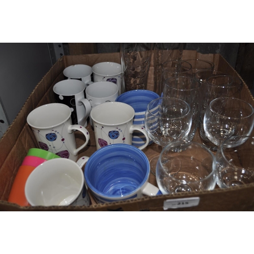 215 - BOX OF ASSORTED MUGS, WINE GLASSES AND BEER GLASSES