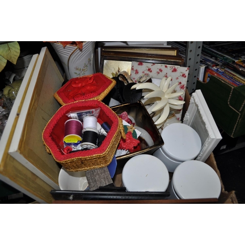 219 - BOX OF PICTURES, FIGURINES, CANISTERS