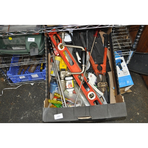 25 - LARGE BOX OF ASSORTED TOOLS INC BOLT CUTTERS