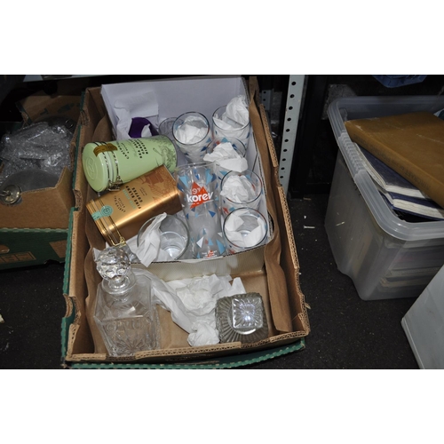 292 - LARGE BOX OF GLASS DECANTERS, PINT GLASSES AND BISCUIT AND COFFEE TIN