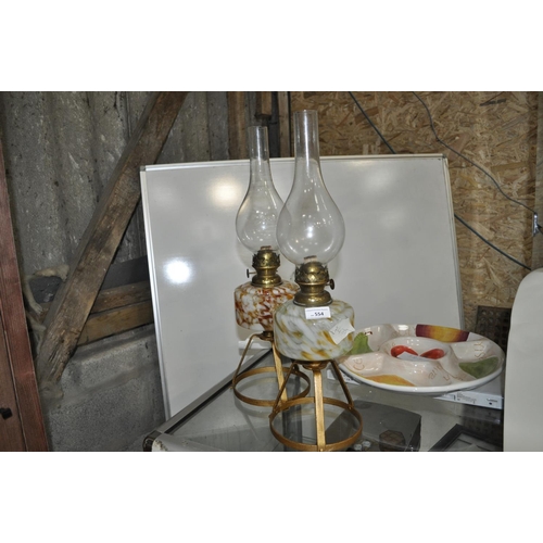 554 - PAIR OF RARE  GLASS OIL LAMPS AND FLUES