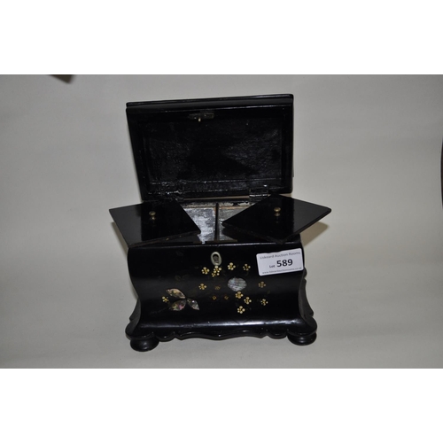 589 - MOTHER OF PEARL INLAID EBONISED TEA CADDY (NO KEY)
