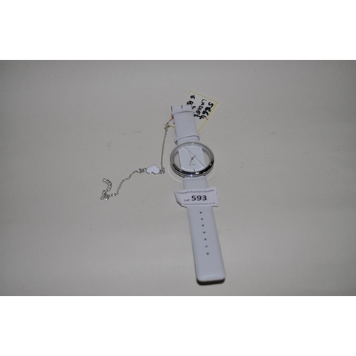 593 - QUARTZ LADIES WATCH AND BRACELET WITH WHITE STRAP