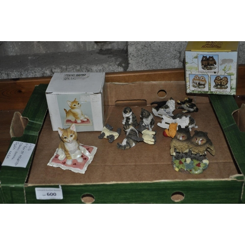 600 - BOX OF 11 CAT FIGURES AND 2 OWLS  AND CAT ON PINK CUSHION
