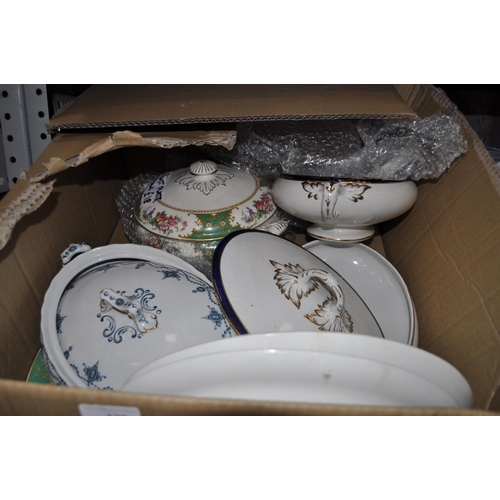 178 - LARGE BOX OF MIXED CHINA TUREENS ETC WITH LIDS