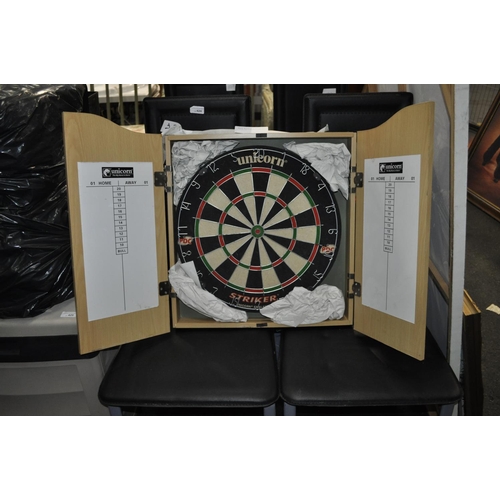 423 - DART BOARD IN WALL CABINET AND DARTS