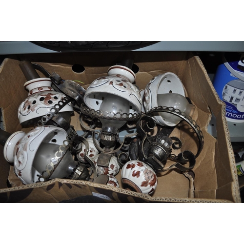 67 - BOX OF METAL AND CERAMIC MEDITERANEAN WALL LIGHTS