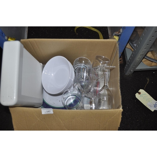 147 - BOX OF MOTOR HOME OR CARAVAN CROCKERY GLASSES AND SINK DRAINER UNIT