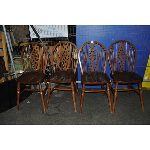 816 - SET OF 4 DARK STAINED WHEELBACK SOLID PINE CHAIRS