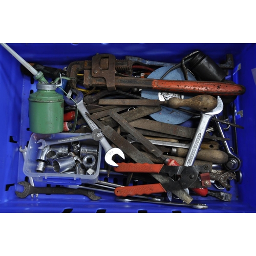 18 - BOX OF VINTAGE TOOLS INC SPANNERS TAPES OIL CANS AND MORE