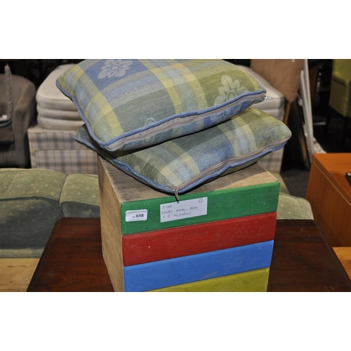 698 - SMALL COLOURFUL BOX AND PAIR OF CUSHIONS