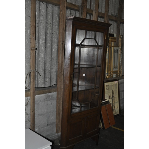 865 - LARGE EDWARDIAN CORNER INLAID DISPLAY CABINET  WITH STORAGE UNDER