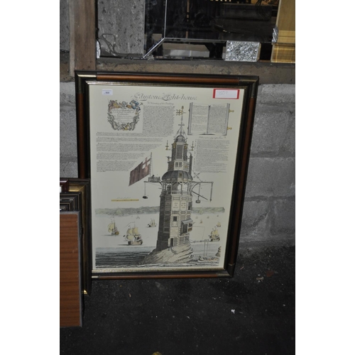 868 - FRAMED AND GLAZED EDYSTONE LIGHTHOUSE