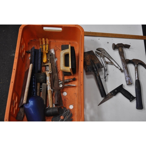 43 - CRATE OF MIXED TOOLS, INC HAMMER, MOLGRIPS AND HAND HELD SHARPENING STONE