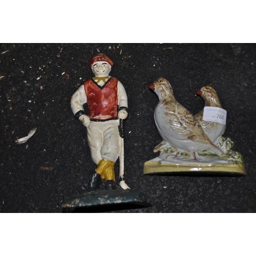 760 - CAST IRON GOLFING DOOR STOP AND A CAST IRON PAIR OF PARTRIDGE ON PLYNTH DOOR STOPS