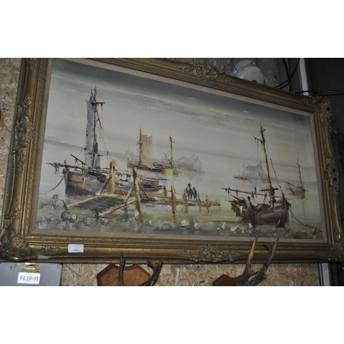 985 - GILT FRAMED HARBOUR/ FISHING SCENE