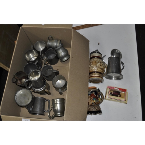 79 - BOX OF COLLECTABLE BEER STEINS AND ASSORTED PEWTER TANKARDS