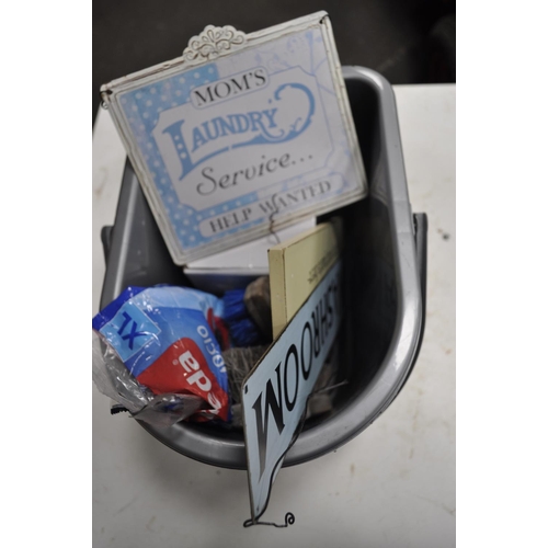 327 - MOP BUCKET AND CONTENTS INC LAUNDRY SIGNS, MOPHEADS, SCRUBBING BRUSHES AND MORE