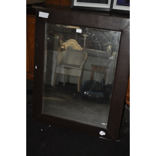 1025 - LARGE FAUX LEATHER FRAMED MIRROR  APPROX 3.5FT X 3FT